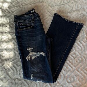 American Eagle Outfitters Dark Wash Distressed Jeans Artist Flare LONG 35”